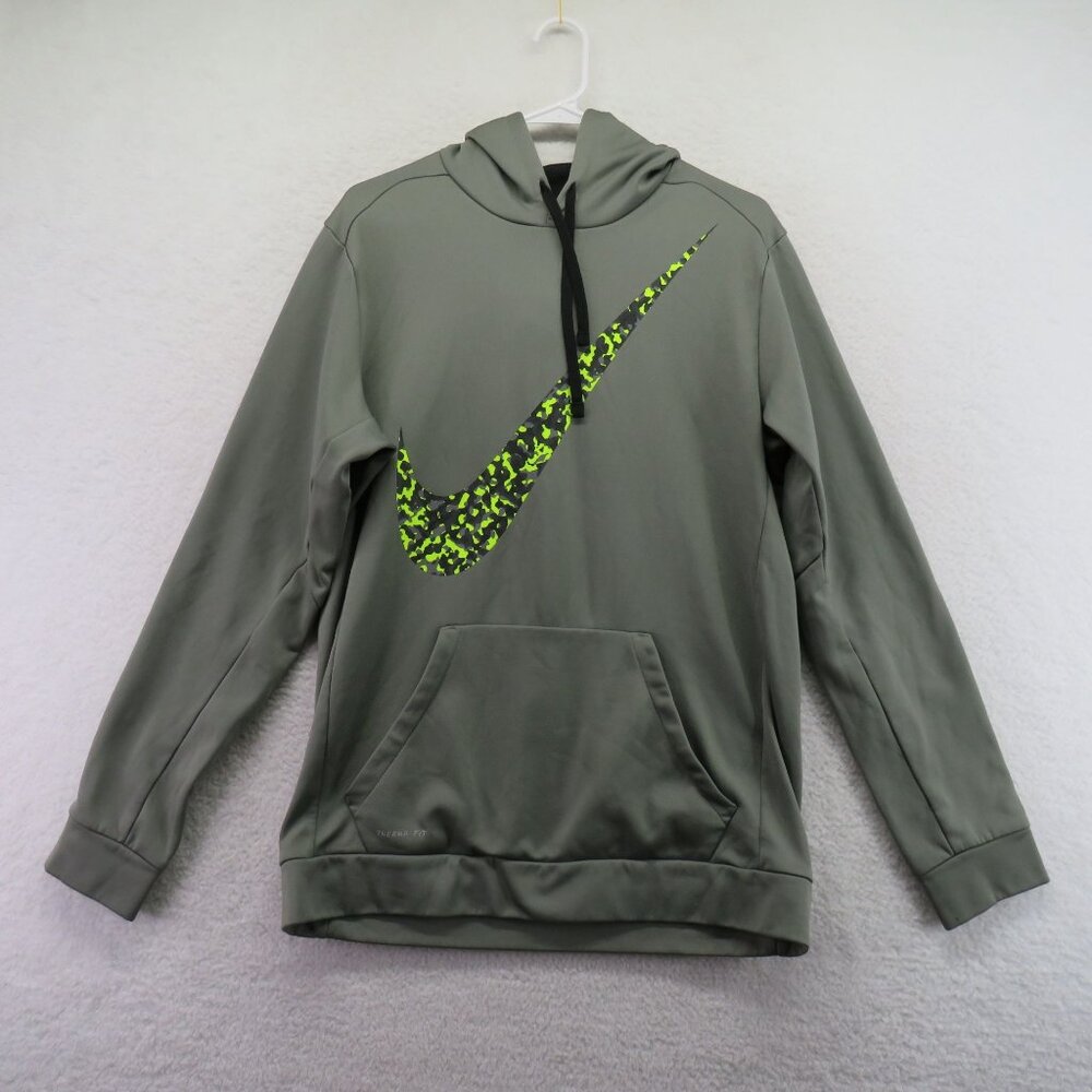 Nike Hoodie Mens Size Large Therma Fit  Olive Green Neon Swoosh Logo‎ Graphic